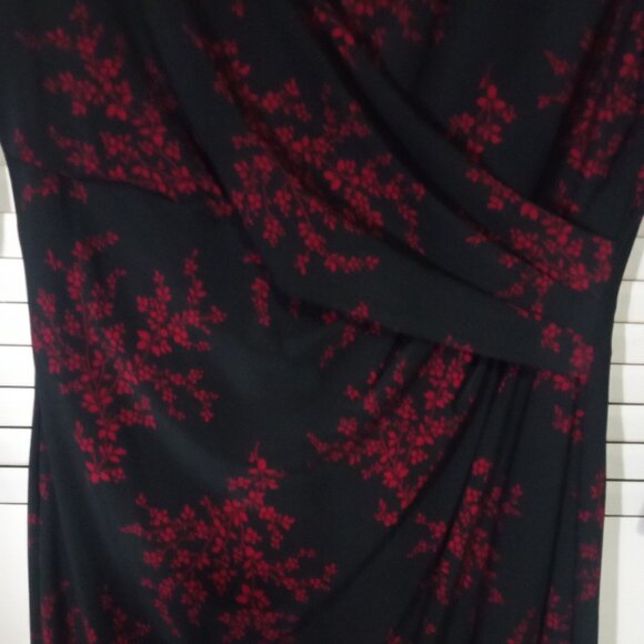 LAUREN RALPH LAUREN Faux Wrap Size 6 S Red Black Floral Side Ruch Dress V Neck - Picture 6 of 10